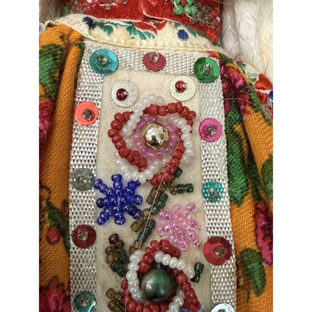 Vintage Folk Ethnic Female Doll Handmade Beaded Clothes Hat Braided Hair 10